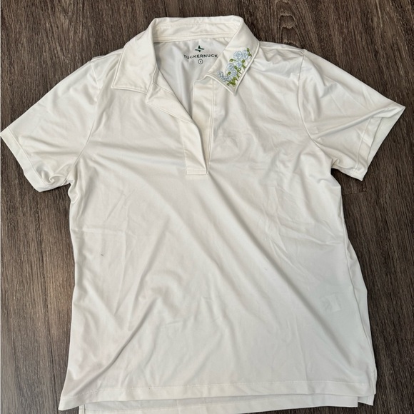 Tuckernuck white Polo Shirt Classic Design floral embroidered collar Small - Picture 1 of 2